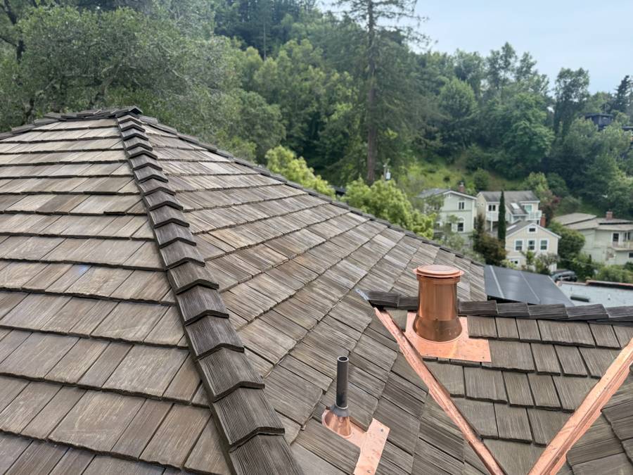 Roof detail illustrating concrete shake tile roofing